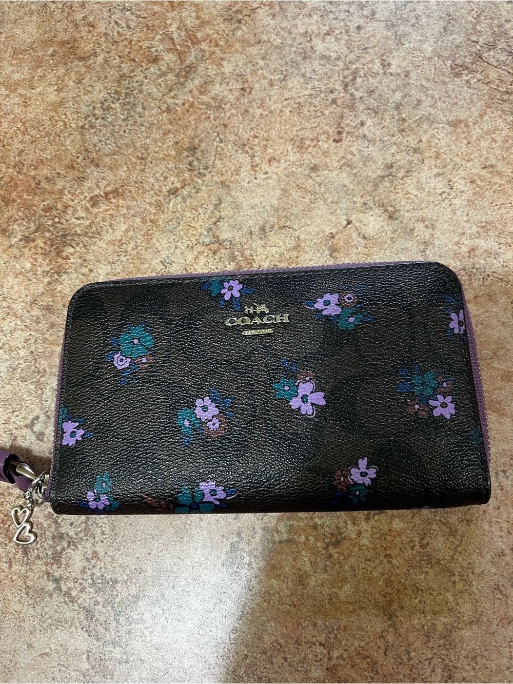 COACH Dark Brown Wallet with Purple and Teal Floral Print